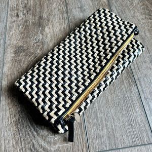 Clare V Foldover Clutch w/ Tabs, Black and Cream Zig Zag Woven Leather